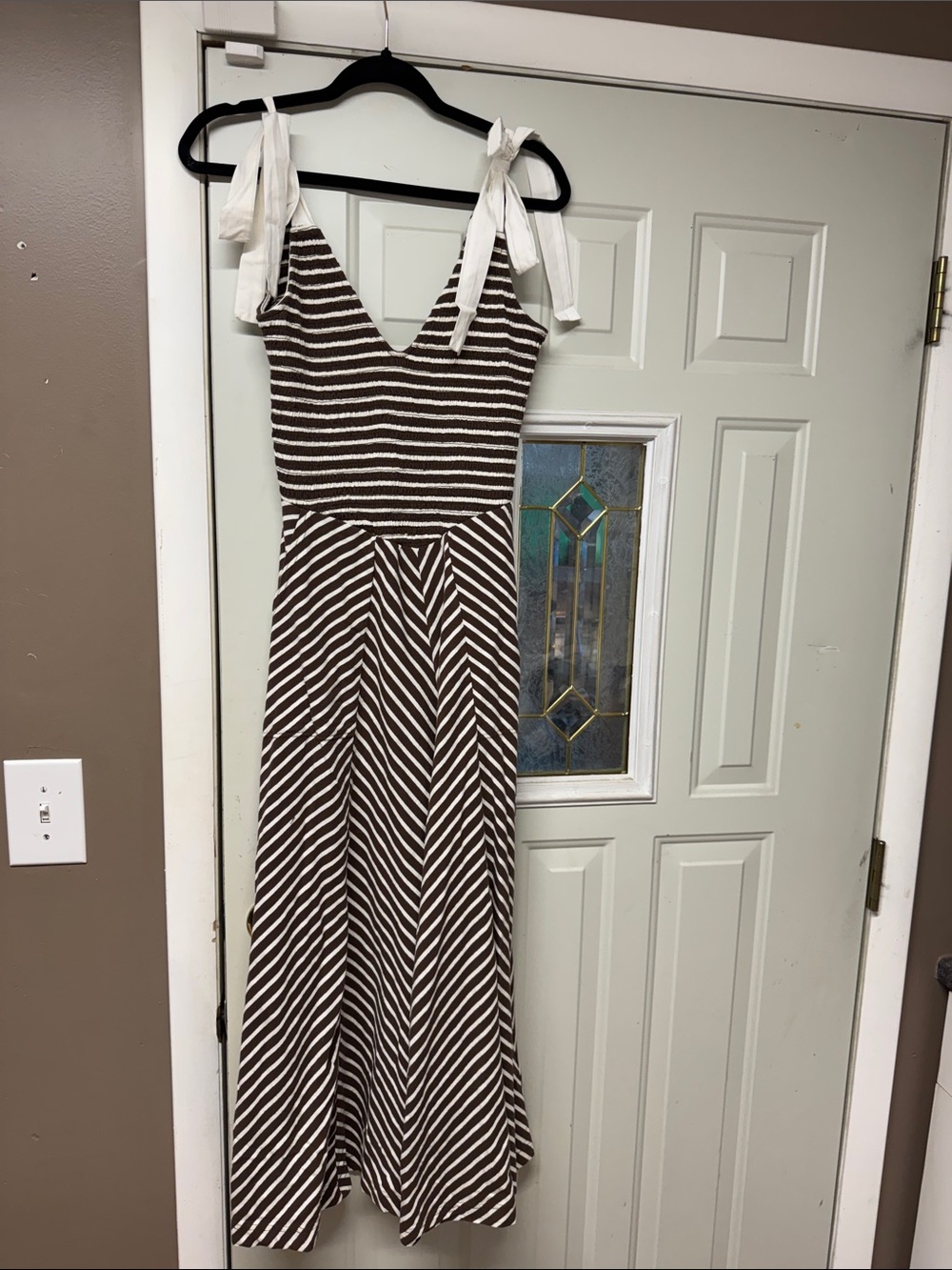 Free People Brown & White Striped Tie-Shoulder Maxi Dress